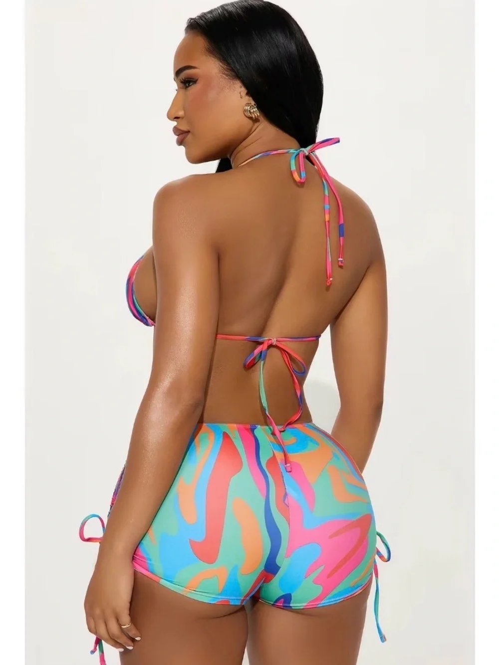 Fashion Nova Neon Swirl Multicolor Bikini Set with Cover-Up